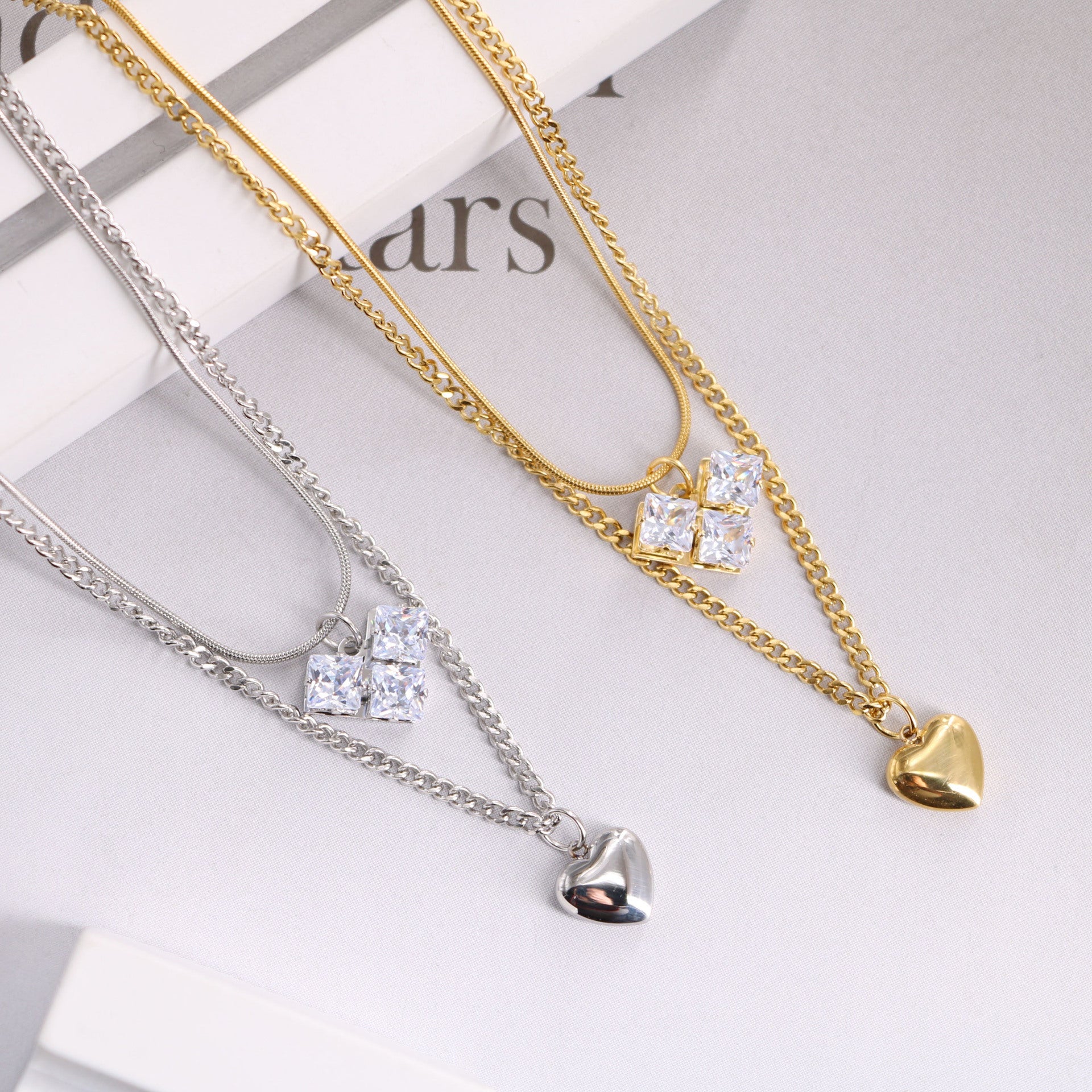 Wholesale Zircon Love Heart Double Layer Titanium Necklaces